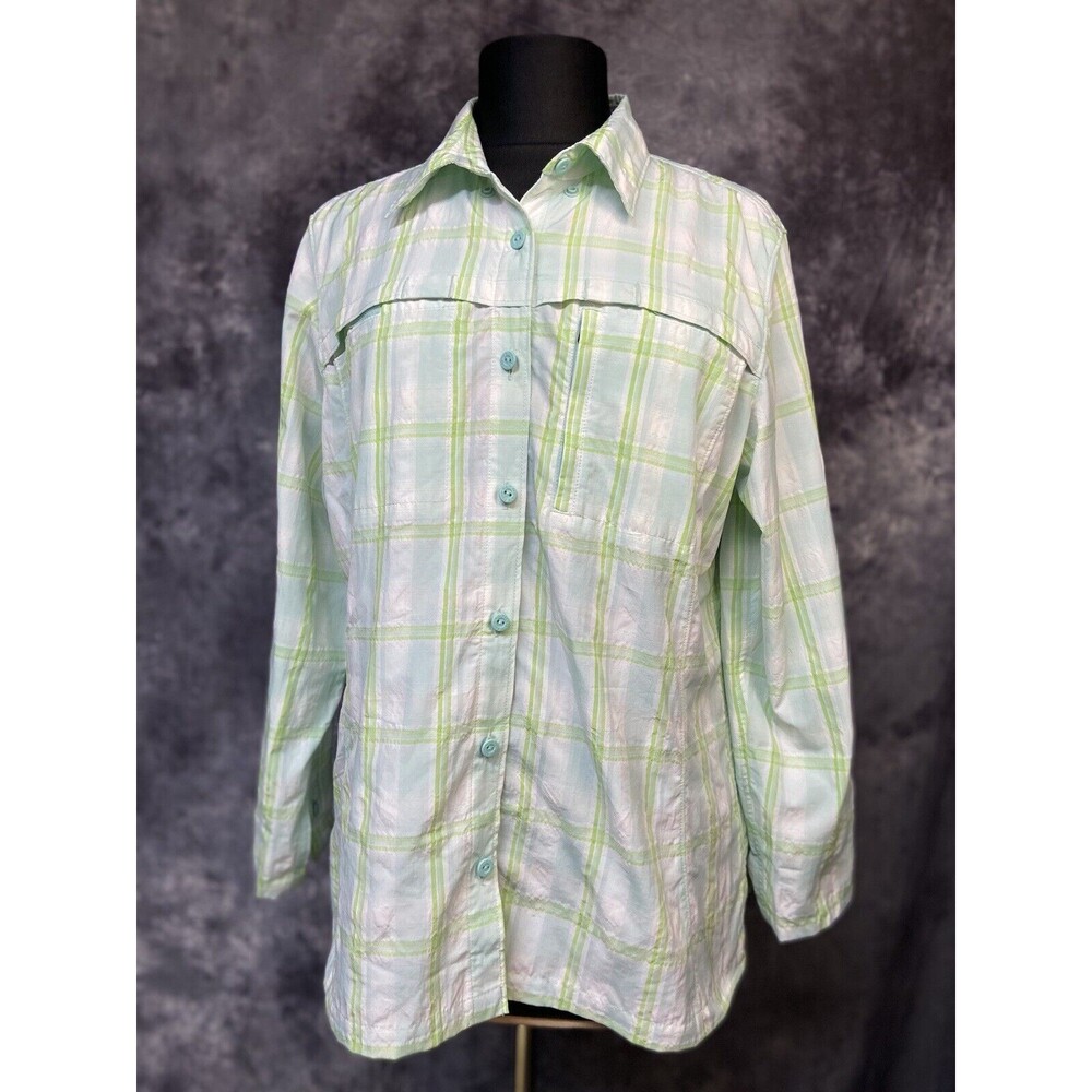 LL Bean Womens Large Green Plaid Vented Roll Tab Shirt Fishing Hiking Outdoors